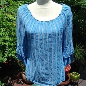 Alyx Blue and White Ruched Blouse with 3/4 Sleeves